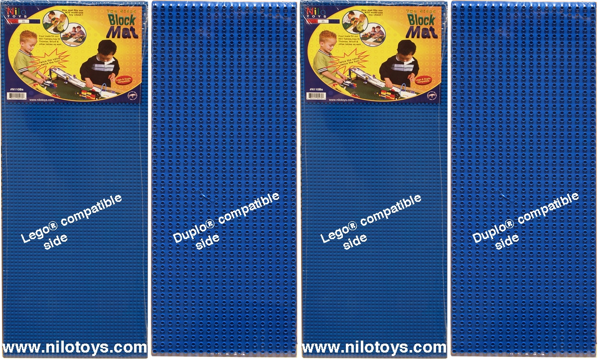 Four blue double-sided Lego Duplo compatible baseplates