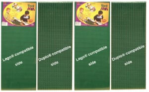 Four green double-sided Lego Duplo baseplates
