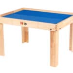 Nilo lego duplo table shown with two blue Nilo double-sided Lego Duplo compatible baseplates