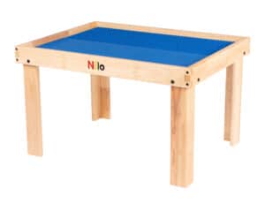 Nilo lego duplo table shown with two blue Nilo double-sided Lego Duplo compatible baseplates