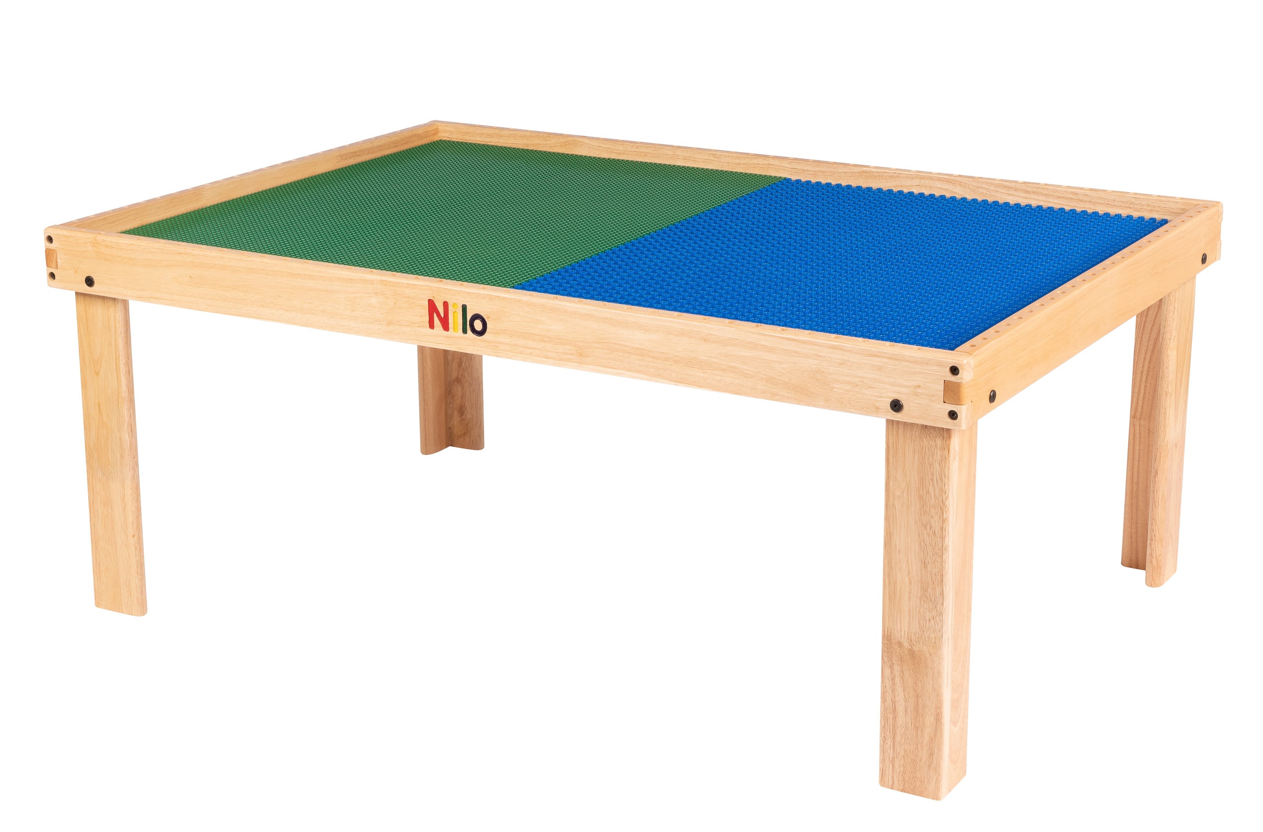 large childrens play table shown with blue and green nilo lego duplo compatible baseplate mats