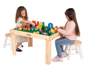 Children playing on the small Nilo lego duplo table with duplo blocks and Nilo double-sided Lego Duplo compatible baseplates..