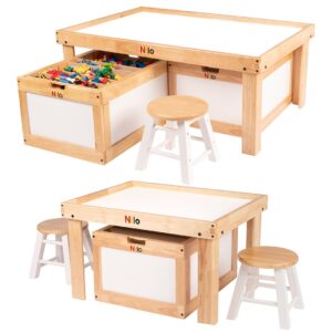 The Large and small nilo activity play tables shown with nilo storage bins, stools and other toys.