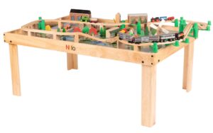 Toy train set on Nilo train table for kids using Nilo Jax and Graphic mat.