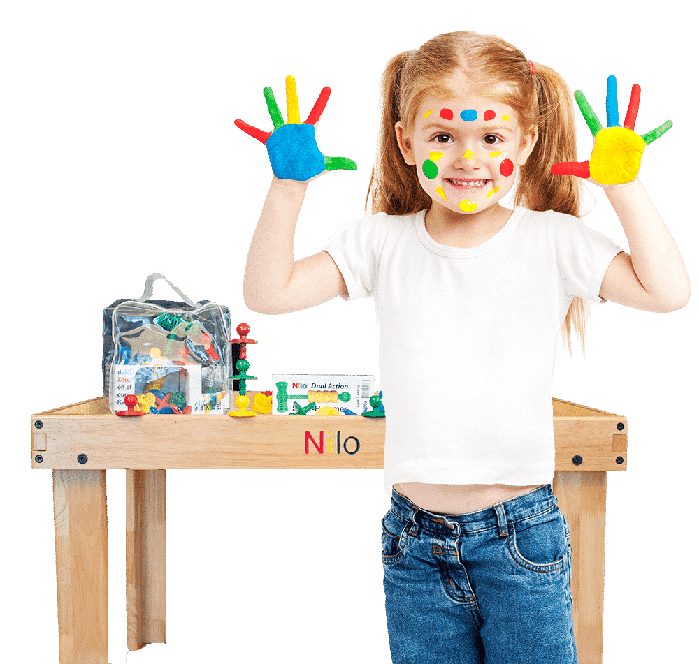 Kid with painted hands playing at the BEST Small Hardwood Activity Play Table for Kids by Nilo Toys®