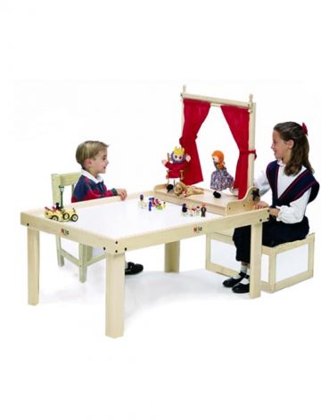 Girl hosting a puppet show using Nilo theasel on Nilo childrens play table