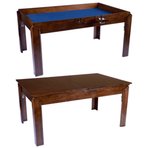 The Nilo Master Table in dark walnut stain shown with and without the Nilo dining topper add-on.