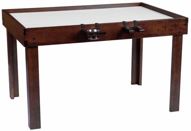 The Nilo wine glass holder and cup holder shown on the Nilo gamer table, a board gaming table, in dark walnut stain.