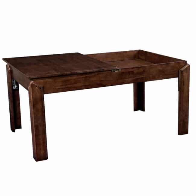 The Nilo Master Table, a gaming table, shown in dark walnut stain with half of the nilo dining topper / add-on.