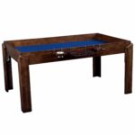 The Nilo master table, nilo cup holder, nilo flip shelf, nilo wine glass holder in dark walnut stain and roll-out gaming mat topper in blue.