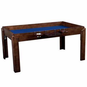 The Nilo master table, nilo cup holder, nilo flip shelf, nilo wine glass holder in dark walnut stain and roll-out gaming mat topper in blue.