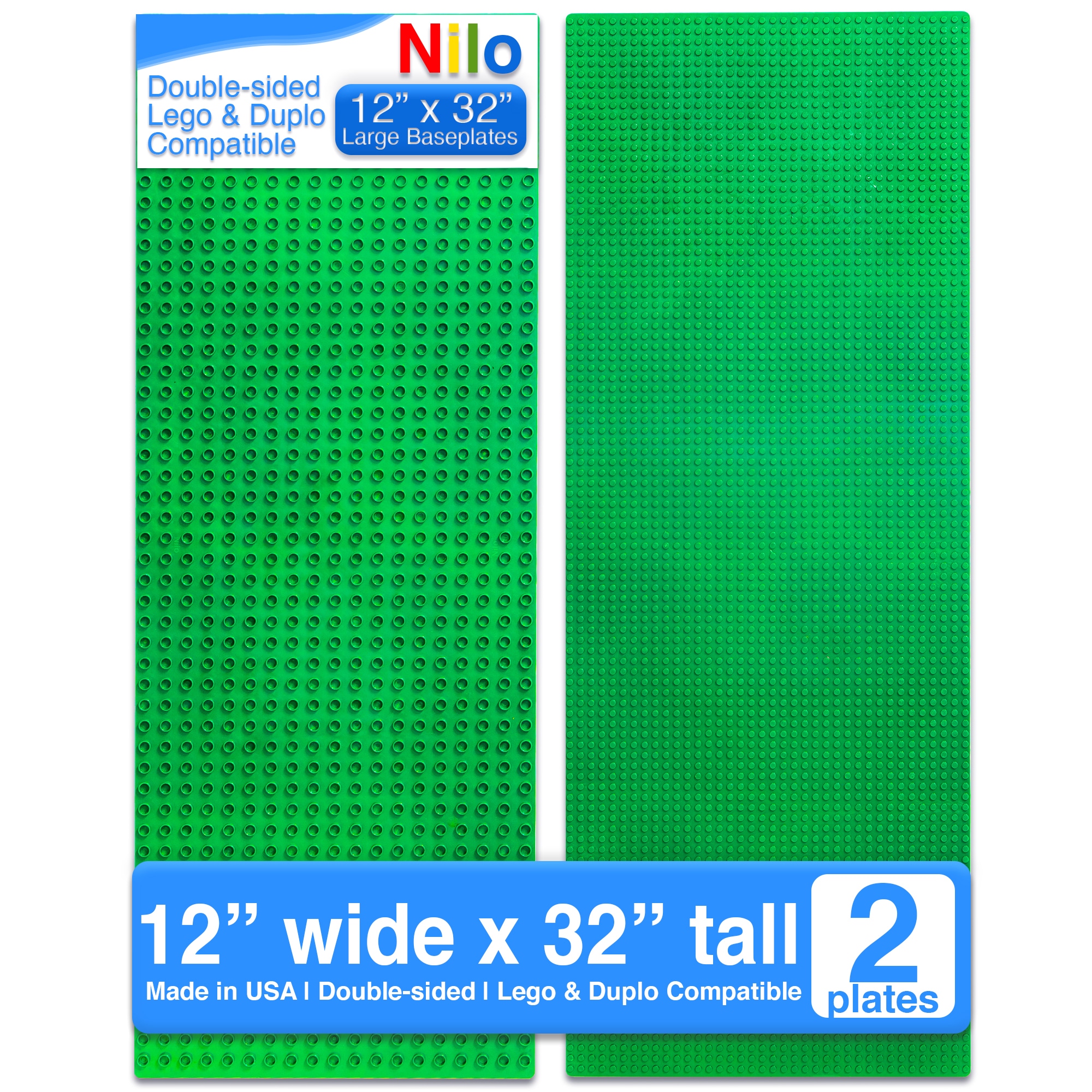 NILO Base Plates Compatible with Lego Duplo Set of 2x GREEN Reversible Double Sided: Lego Platform on One Side / Duplo Board on Reverse Snap Fit 12x32