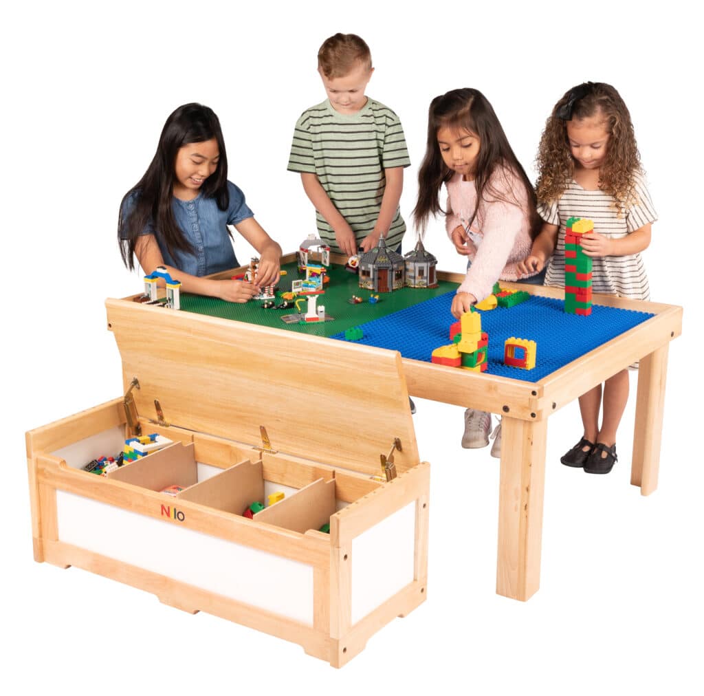 Building brick table, building block table, table with building blocks, montessori activity table, montessori table, small plastic bricks, large plastic bricks, childrens play table, play table, building block tower, building block activity, brick activity, toy chest with building blocks, toy chest