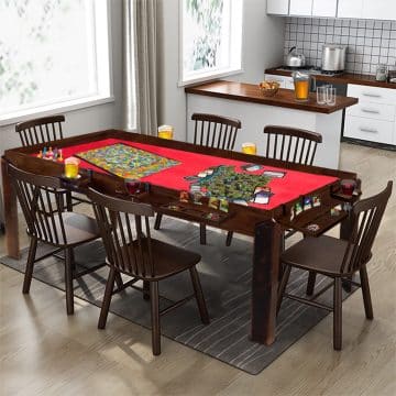 war table in dining room for board games and other tabletop activities.